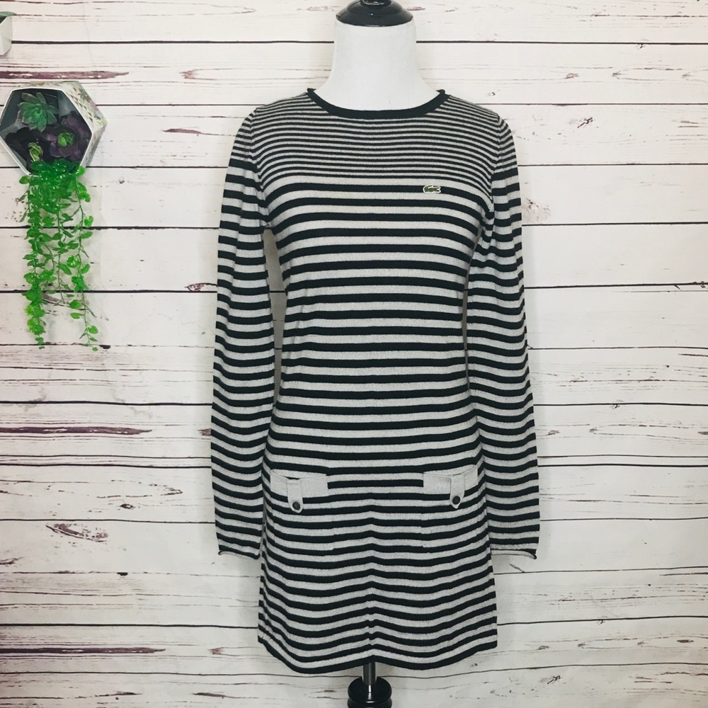 Lacoste Black & Grey Striped Long Sleeve Sweater Dress Size Small
